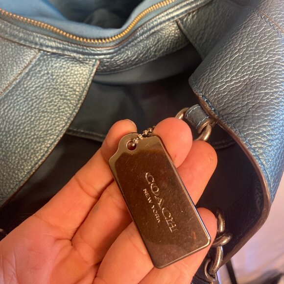 Coach F22209 Teal Pebbled Leather Chain Shoulder Hobo Bag Purse - Picture 4 of 10